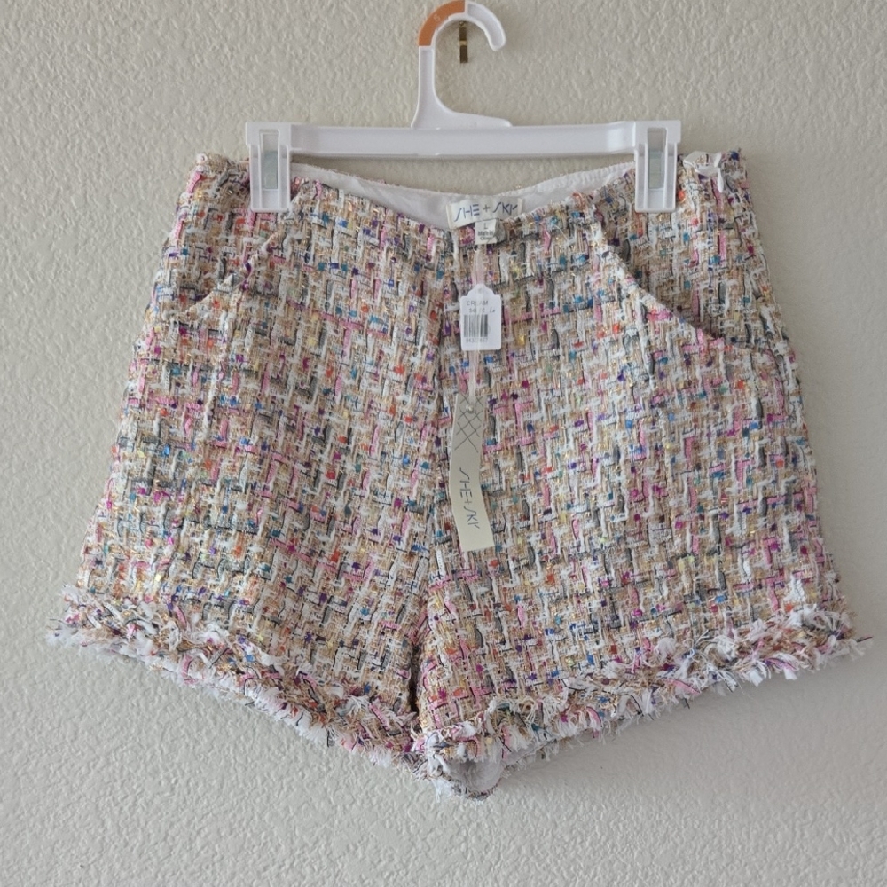 She and Sky High Waist Tweed Shorts - Multicolor Pattern